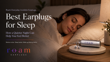 Woman sleeping peacefully while wearing Roam Everyday Invisible Earplugs with the Roam carry case on a bedside table