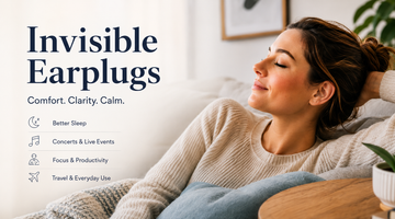 Woman relaxing at home wearing invisible earplugs for sleep, focus, travel, concerts, and everyday noise reduction