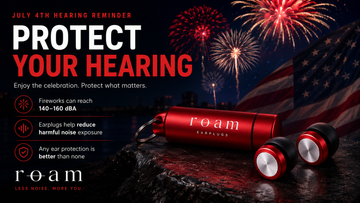 Roam earplugs with fireworks and American flag background promoting July 4th hearing protection.