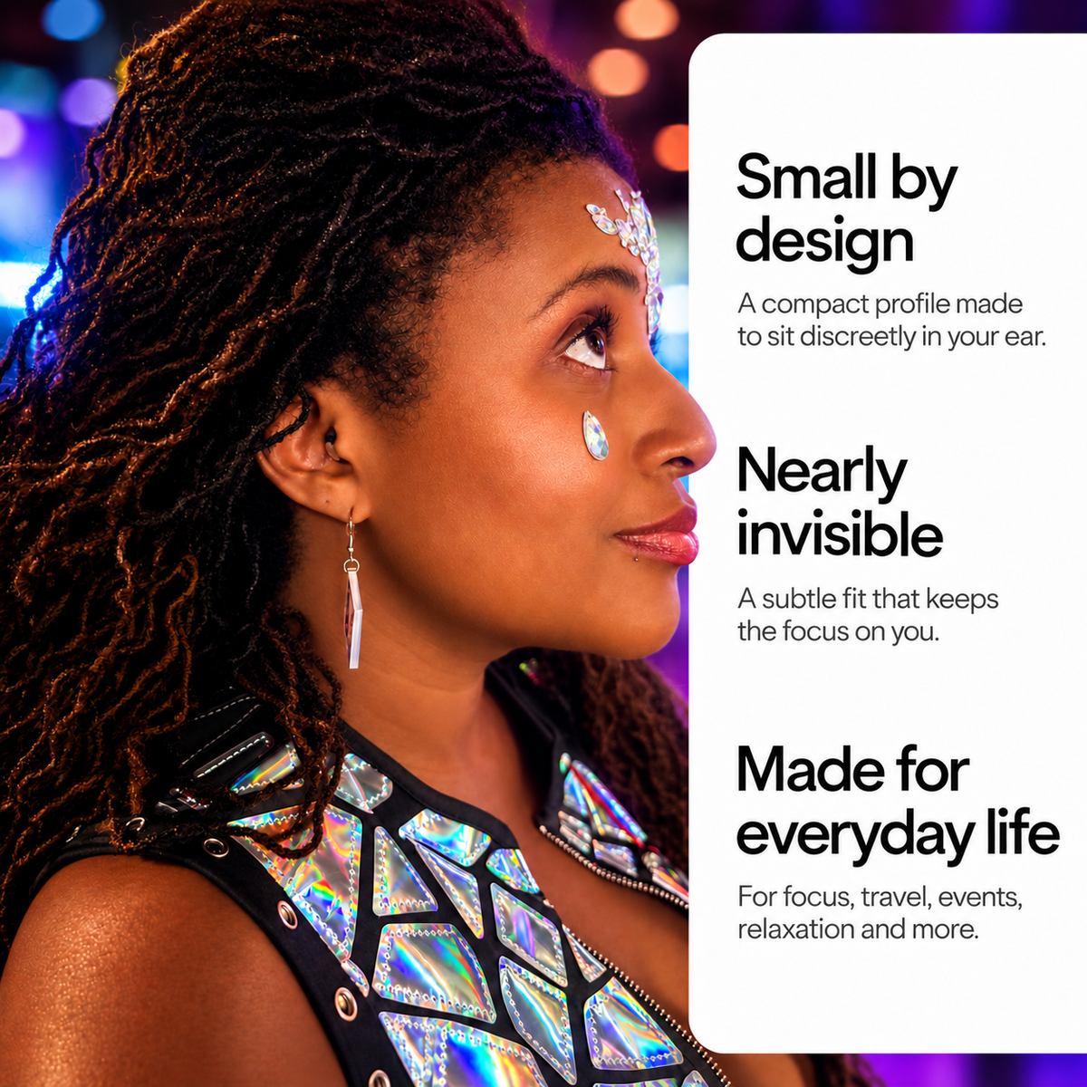A woman in profile wearing Roam Everyday invisible earplugs in midnight. The image features text callouts on the right explaining the product's features: 'Small by design', 'Nearly invisible', and 'Made for everyday life'.