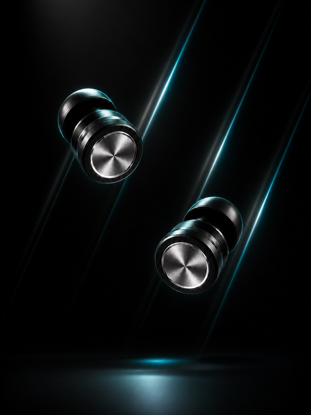 Two Lyve Air Earplugs on a dark background with light effects
