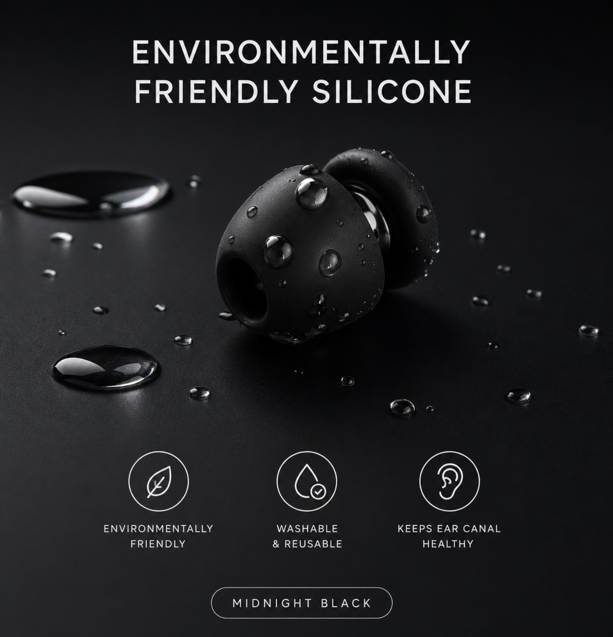 Black silicone Lyve Air earplug with water droplets on a dark background, emphasizing environmentally friendly material.