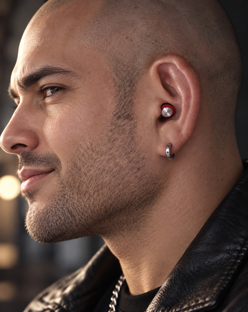 Close-up side profile of a man wearing a Crimson Roam Everyday Earplug and a small silver hoop earring, against a dark blurred background.