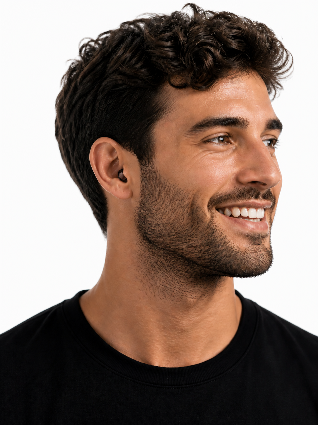 man wearing Lyve Air Earplugs in midnight black wearing a black shirt on white background