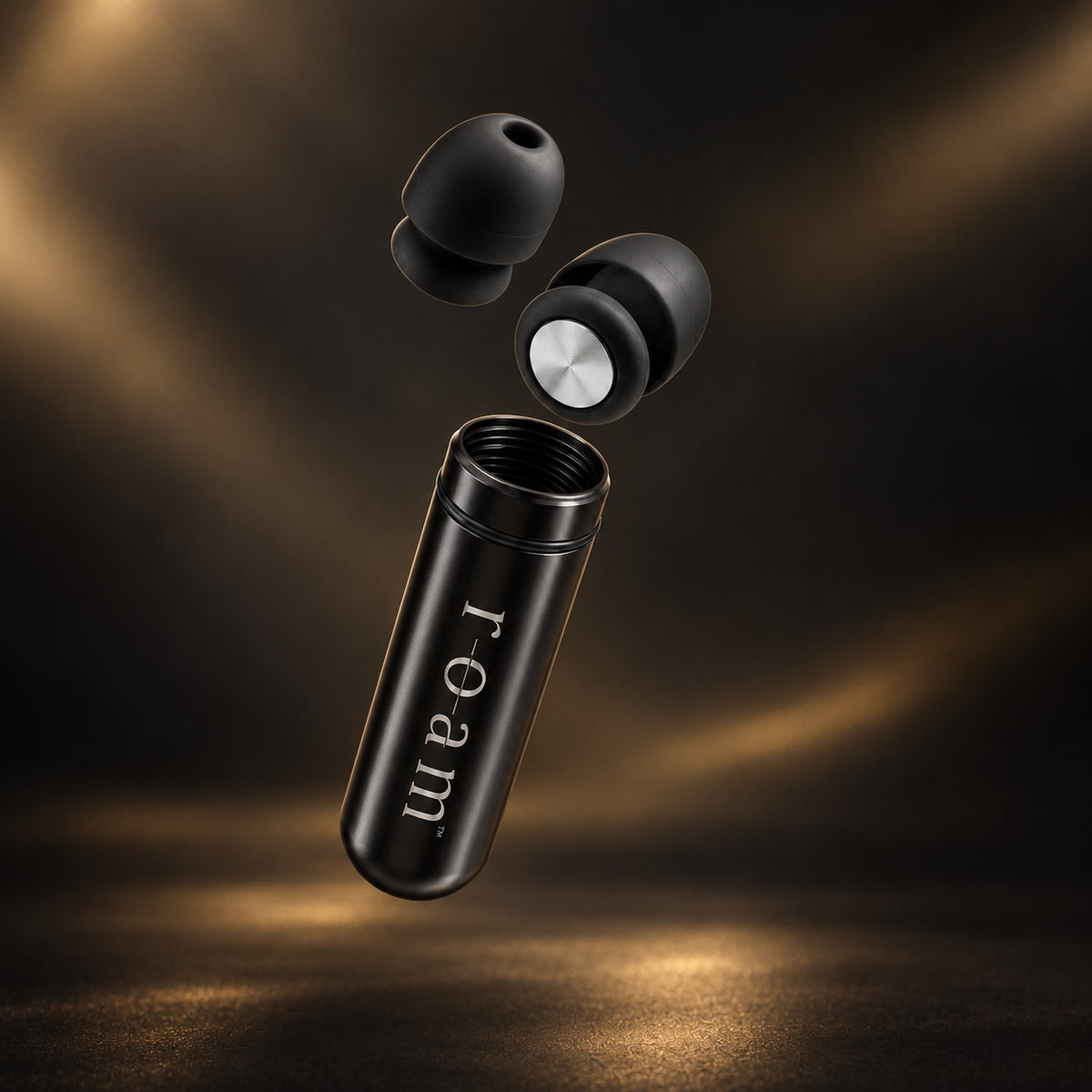 Black Roam Everyday Invisible earplugs in midnight with a matching Roam Mini Travel tube in midnight, shown floating against a dark brown and gold background. The case has the brand name 'roam' printed vertically on it.