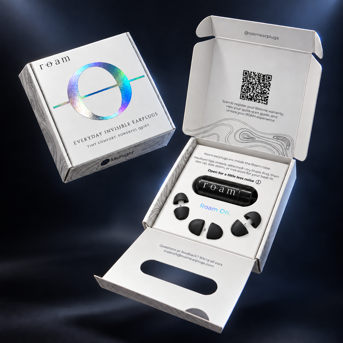 Open and closed product packaging for Roam Everyday Invisible Earplugs, showing the white branded box, QR code, and contents tray with earplugs and instruction card on a dark blue background.